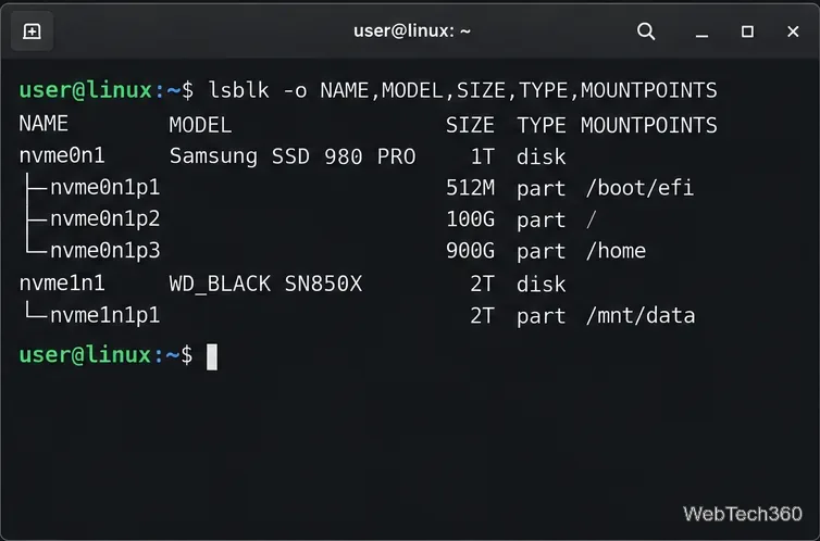 A terminal shows lsblk columns for disk name, model, size, type, and mount points.