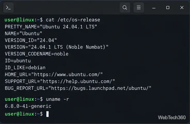 A terminal displays the contents of /etc/os-release and the result of uname -r.