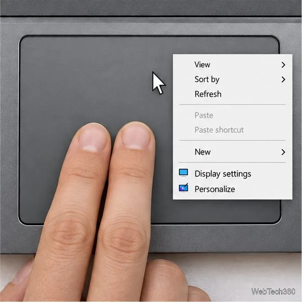 Două vârfuri degetelor ating touchpad-ul unui laptop, în timp ce un indicator și un meniu contextual indică o acțiune de clic dreapta.