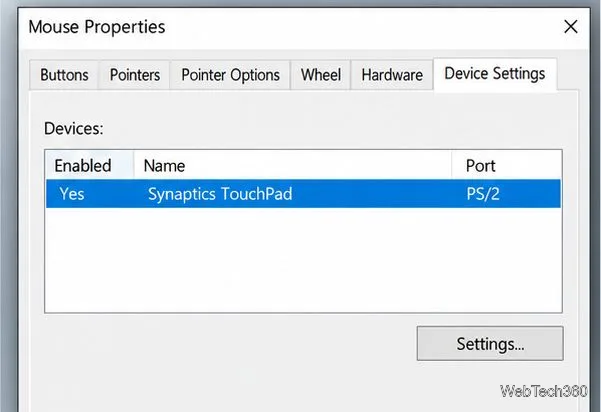 O casetă de dialog clasică Proprietăți mouse cu Synaptics TouchPad selectat în fila Setări dispozitiv și un buton Setări.