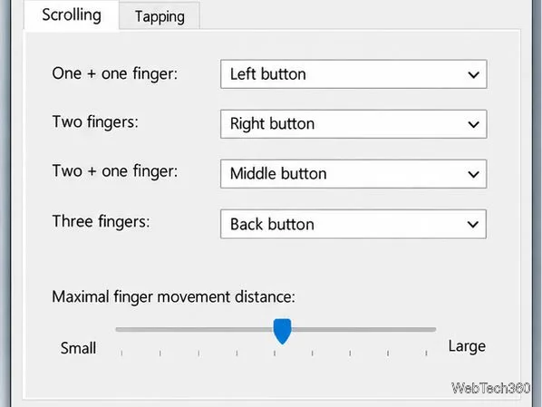 Setări touchpad vechi cu meniuri derulante pentru atingeri cu unul plus unu, două degete, două plus unu și trei degete, plus un cursor pentru distanța de mișcare.