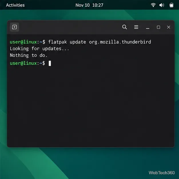 Terminal showing Flatpak checking org.mozilla.thunderbird for updates.