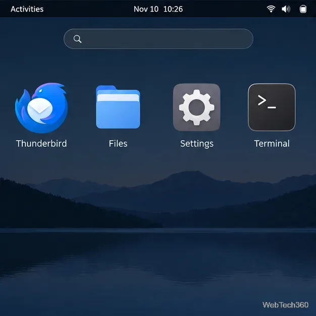 Linux applications grid showing Thunderbird, Files, Settings, and Terminal icons.