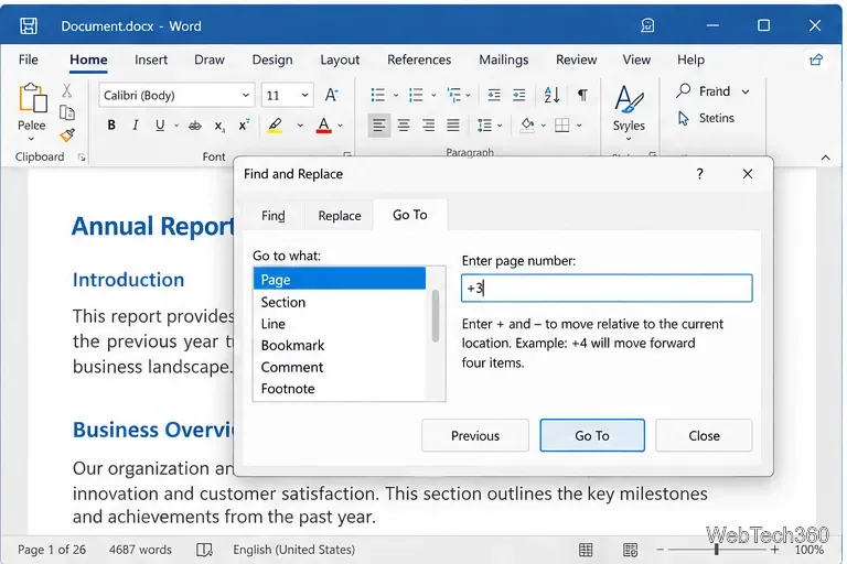 Word Go To dialog showing plus 3 for a relative three-page jump