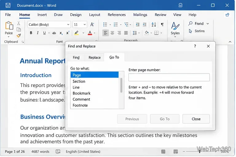 Microsoft 365版Wordでページに移動する方法