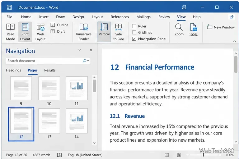 Word Navigation pane with the Pages tab selected and page 12 thumbnail highlighted