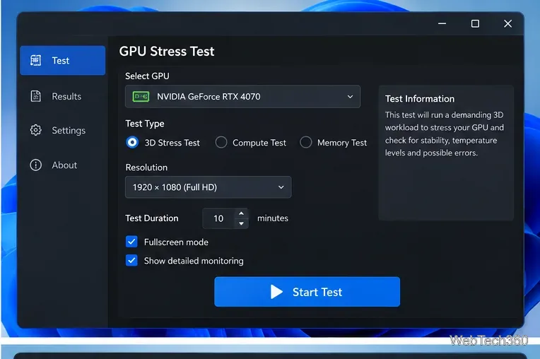 Schermata di configurazione del test di stress della GPU con selezione del processore grafico, tipo di test 3D, risoluzione, durata e pulsante di avvio.