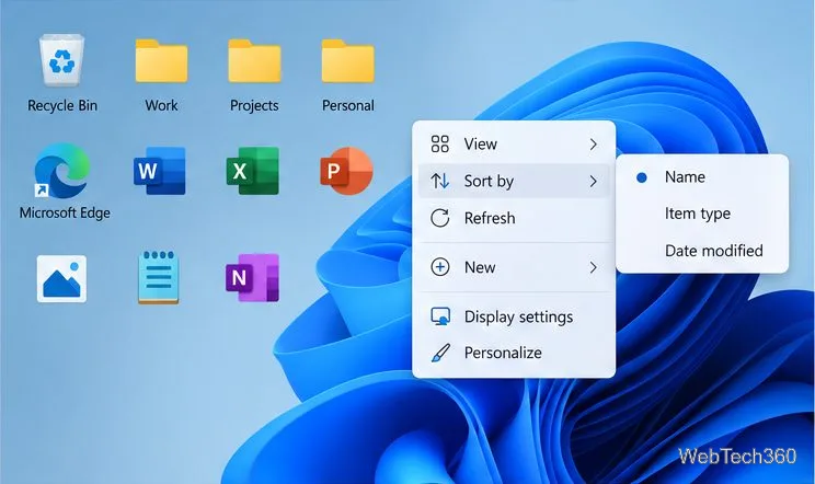 Área de trabalho do Windows 11: Classificar por submenu exibindo Nome, Tipo de item e Data de modificação.