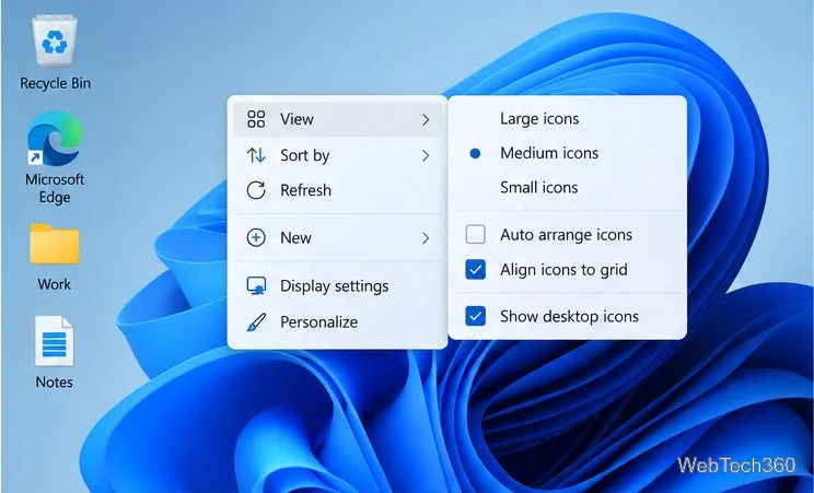 No menu Exibir da área de trabalho do Windows 11, a opção Organizar ícones automaticamente está desmarcada, mas a opção Alinhar ícones à grade está marcada.