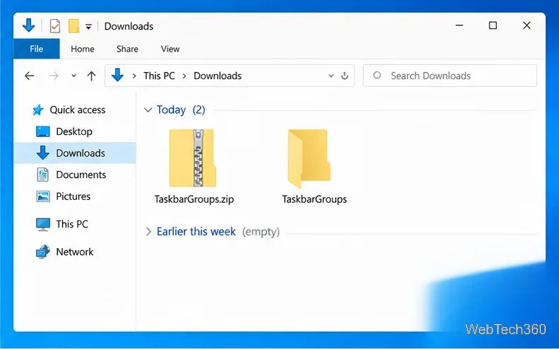 O Explorador de Arquivos exibe o arquivo ZIP TaskbarGroups ao lado da pasta extraída.