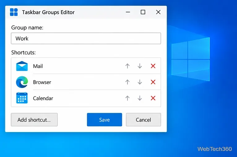 Um grupo de trabalho com atalhos para E-mail, Navegador e Calendário, além de um botão Salvar.