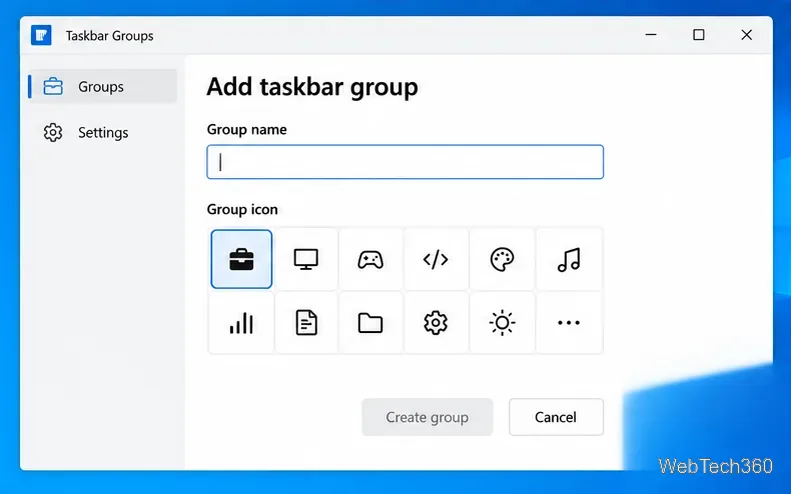 Editor de grupos da barra de tarefas com opções de nome e ícone do grupo.