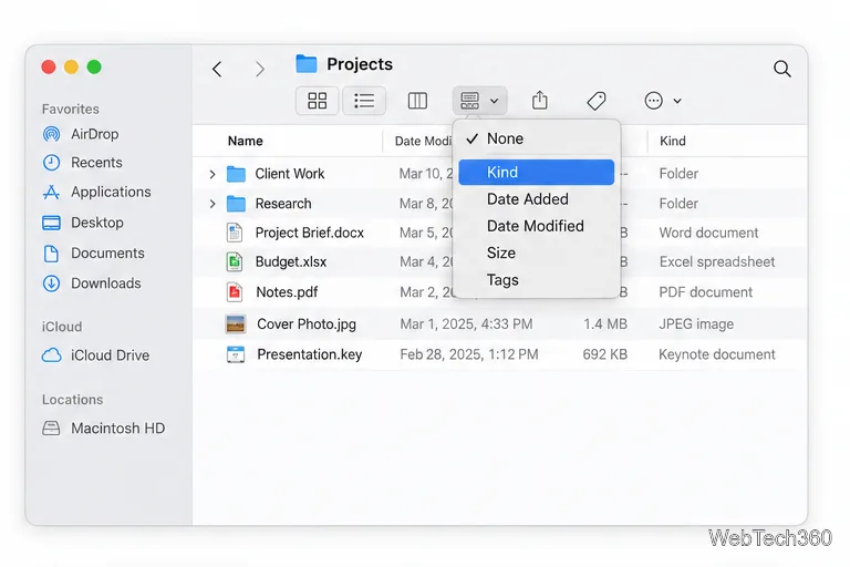 Le menu Groupe de la barre d'outils du Finder s'ouvre avec les options Type, Date d'ajout, Date de modification, Taille et Étiquettes