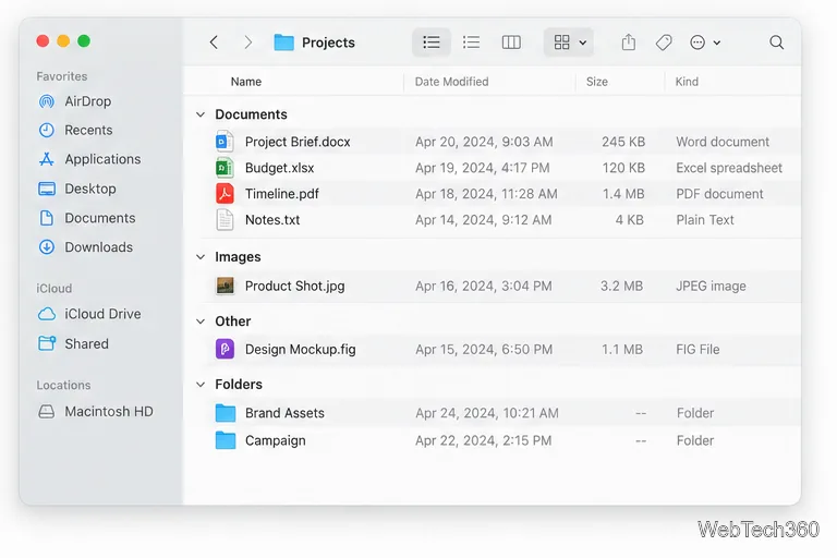 Liste du Finder regroupée sous les rubriques Documents, Images, Autres et Dossiers