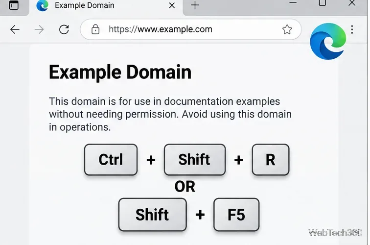 Microsoft Edge window showing Ctrl plus Shift plus R and Shift plus F5 hard refresh shortcuts