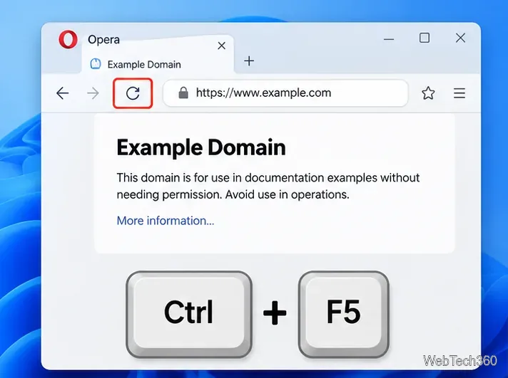 Opera on Windows showing Ctrl plus F5 as the hard refresh shortcut