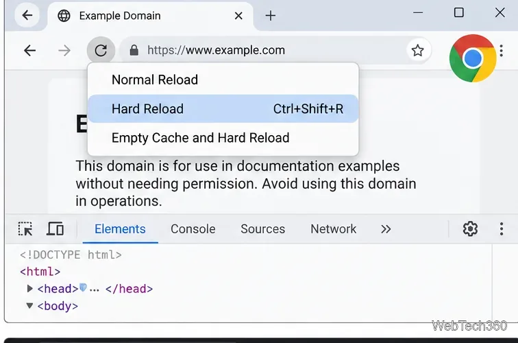 Chrome DevTools open with the reload menu showing Normal Reload, Hard Reload, and Empty Cache and Hard Reload