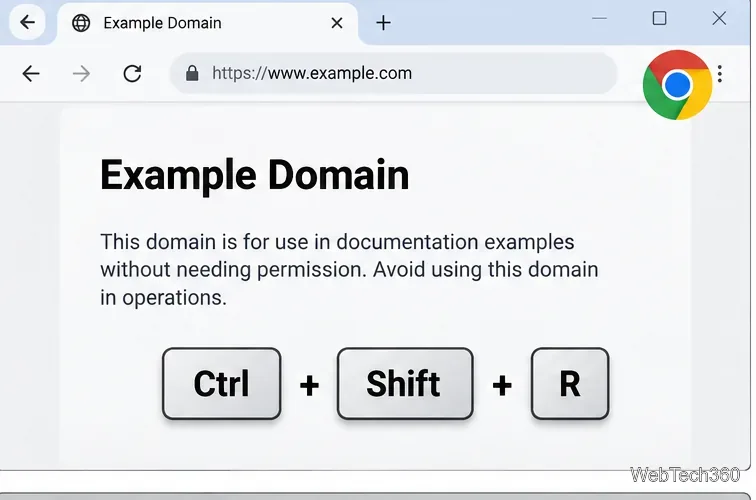 Chrome browser window showing Ctrl plus Shift plus R as the hard refresh shortcut
