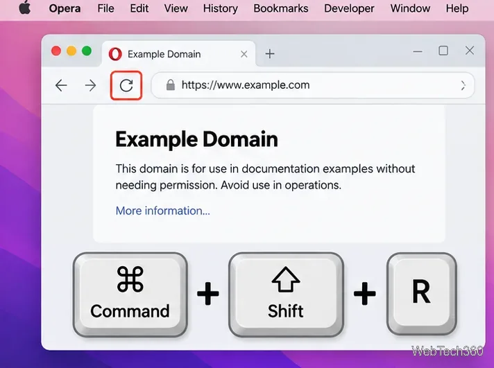 Opera on macOS showing Command plus Shift plus R as the hard refresh shortcut