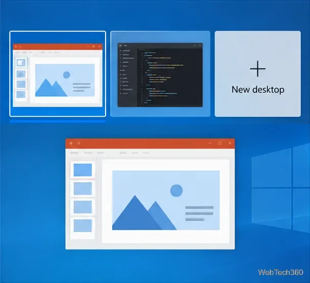 Mockup della Visualizzazione attività in stile Windows 10 che mostra aree di lavoro separate sul desktop e un riquadro Nuovo sul desktop