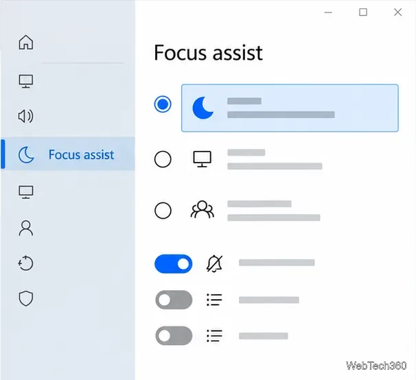 Simulazione delle impostazioni di Assistente notifiche di Windows 10 con la disattivazione delle notifiche selezionata.