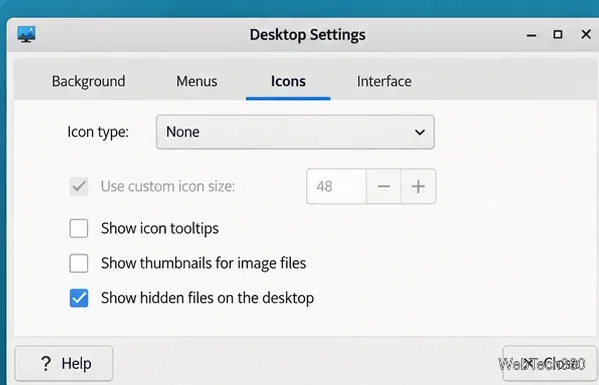 Xfceデスクトップ設定のアイコンタブでアイコンの種類を「なし」に設定
