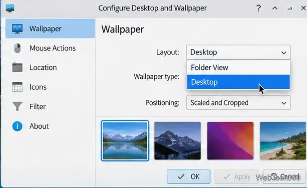 KDE Plasma デスクトップと壁紙の設定ウィンドウ（レイアウトはデスクトップに設定）