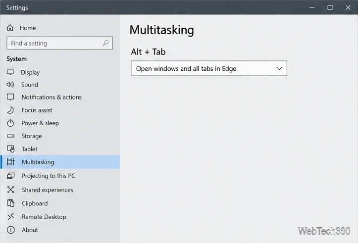 Windows 10 Multitasking page showing the Alt + Tab dropdown before it is changed.