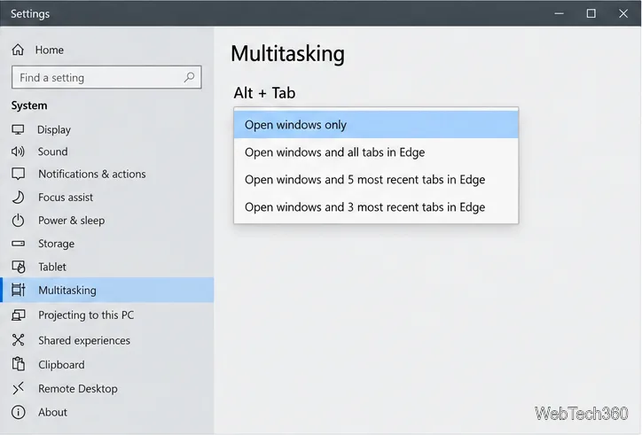 Expanded Windows 10 Alt + Tab menu with Open windows only highlighted.