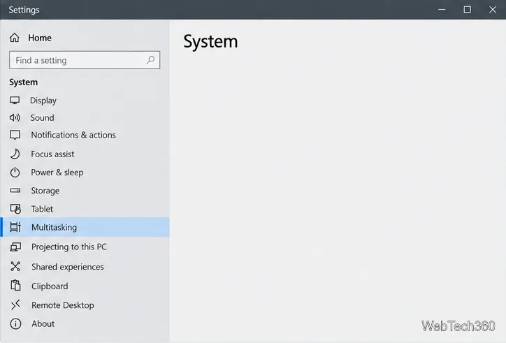 Windows 10 System settings sidebar with Multitasking highlighted.