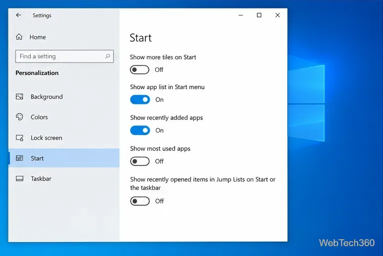 Personalizacja systemu Windows 10 Uruchom ustawienia z wyłączonym przełącznikiem ostatnio otwieranych elementów