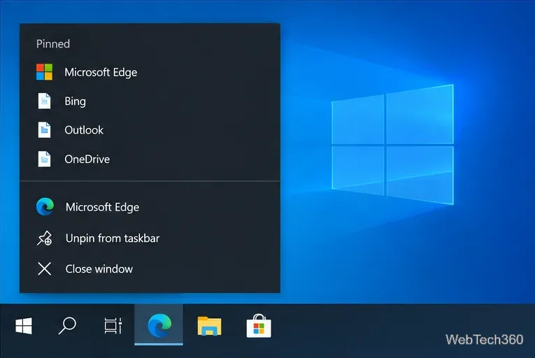 Lista szybkiego dostępu aplikacji systemu Windows zawierająca przypięte wpisy i polecenia aplikacji, bez sekcji ostatnio otwieranych dokumentów