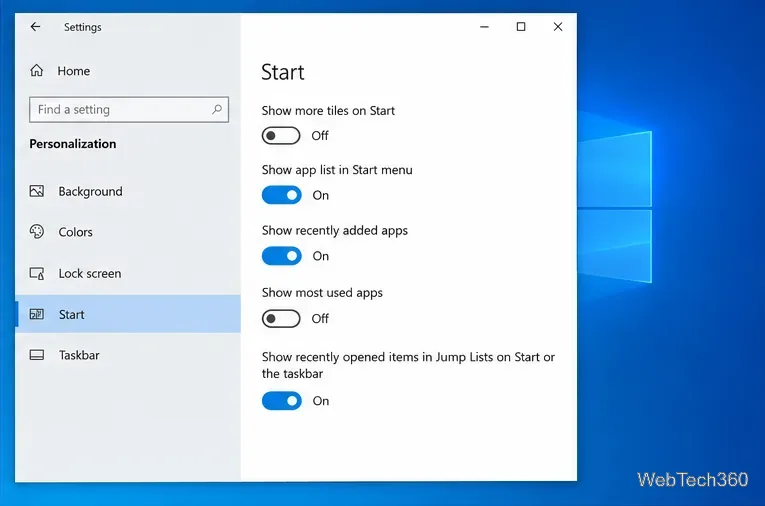 Personalizacja systemu Windows 10 Rozpocznij ustawienia z włączonym przełącznikiem ostatnio otwieranych elementów