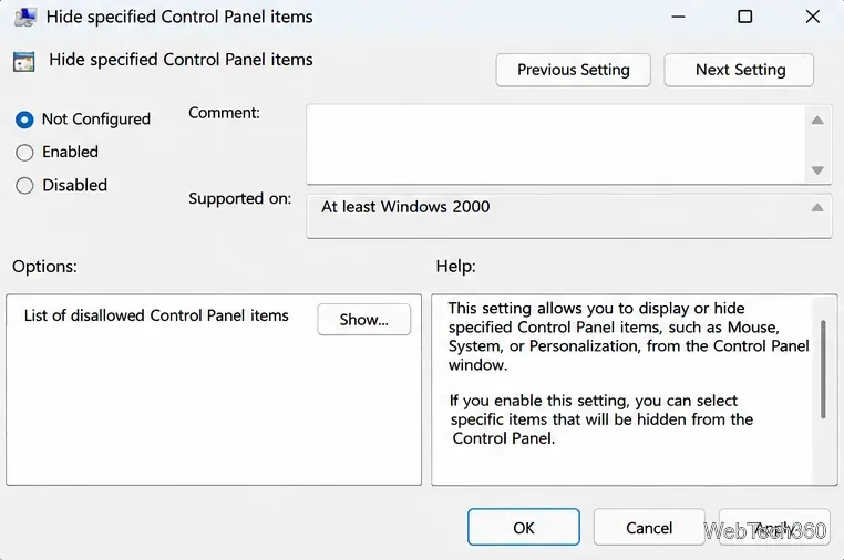 Ocultar política de itens específicos do Painel de Controle com a opção Não configurado selecionada