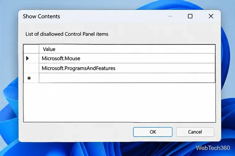 A caixa de diálogo Exibir Conteúdo lista Microsoft.Mouse e Microsoft.ProgramsAndFeatures em linhas separadas.