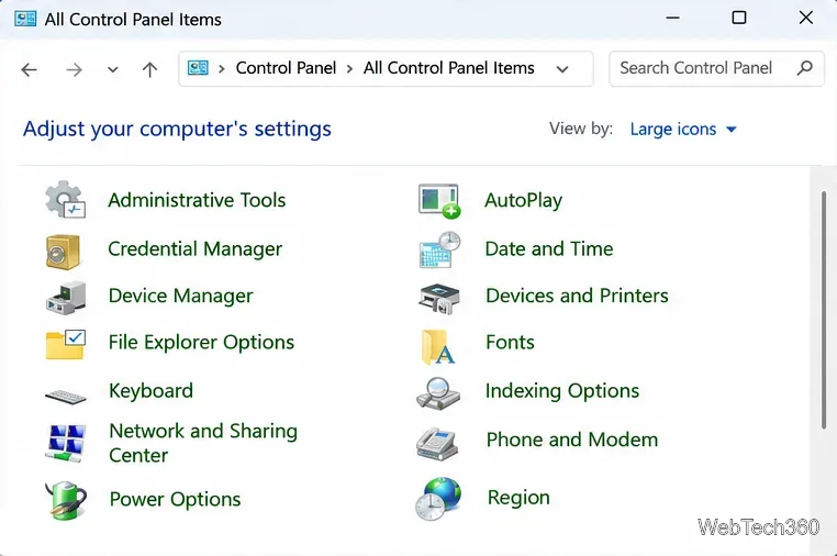 Painel de Controle: Visualização de todos os itens do Painel de Controle exibidos com ícones grandes.