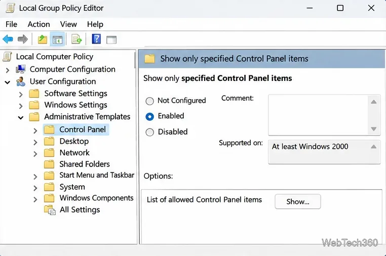 A política "Mostrar apenas itens específicos do Painel de Controle" está ativada com o botão "Mostrar" para uma lista de permissões.