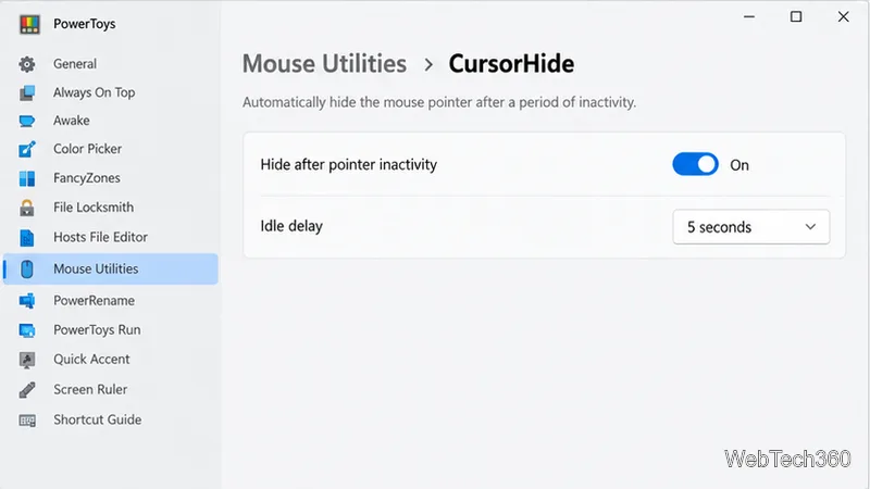 В PowerToys Mouse Utilities включена функция CursorHide с задержкой в ​​пять секунд для режима бездействия указателя.