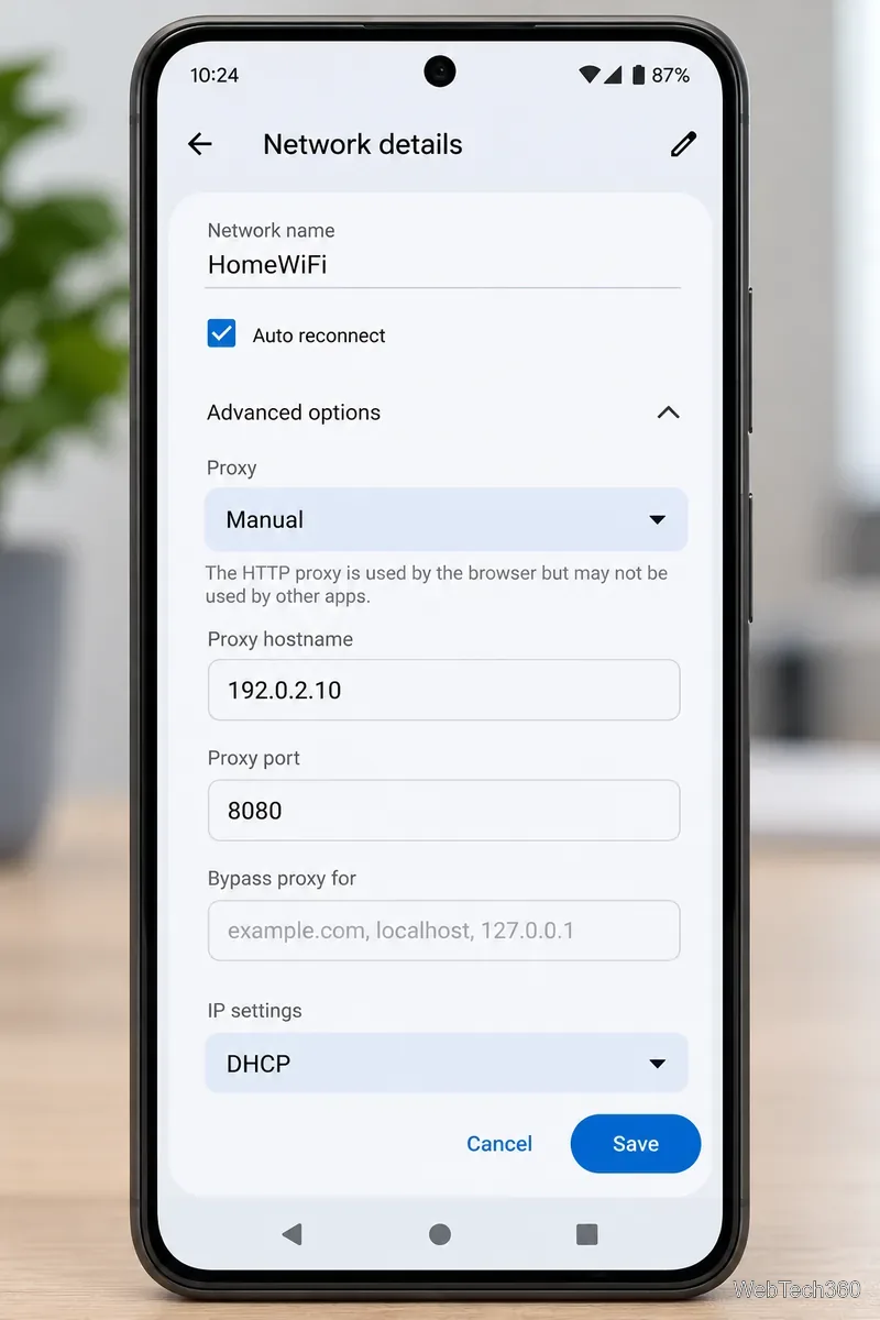 Schermata dei dettagli della rete Wi-Fi Android con campi per nome host proxy manuale e porta