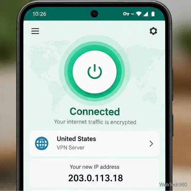 App VPN generica per Android che mostra lo stato di connessione e un indirizzo IP pubblico sostitutivo.