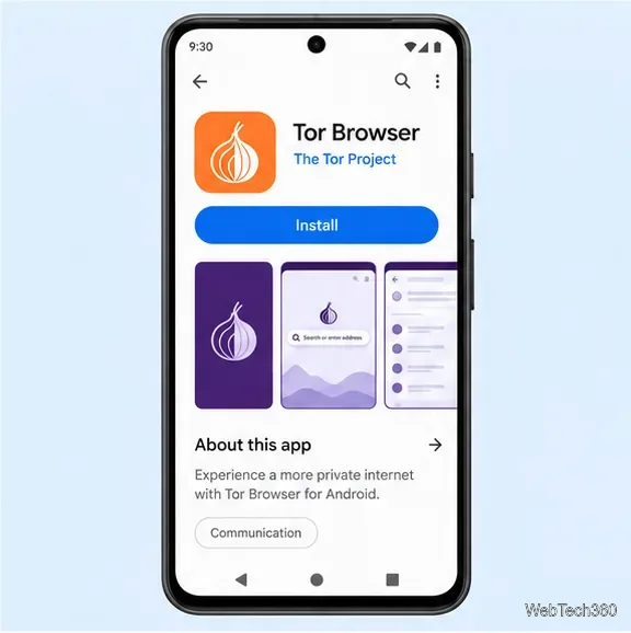 Listagem do aplicativo Android para o Tor Browser, do The Tor Project, com um botão Instalar.