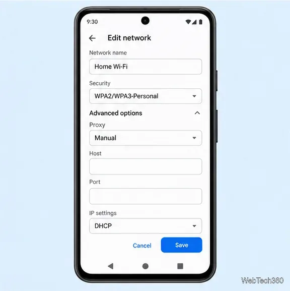 Formulário manual para proxy Wi-Fi no Android com controles de Host, Porta e Salvar.