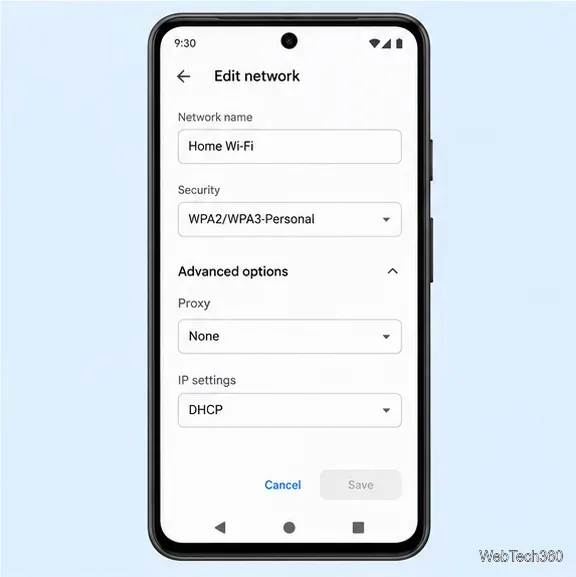 Tela de edição de Wi-Fi do Android com as opções avançadas abertas e o proxy definido como Nenhum.
