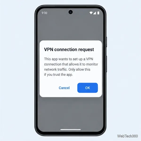Diálogo de solicitação de conexão VPN para Android com botões Cancelar e OK.