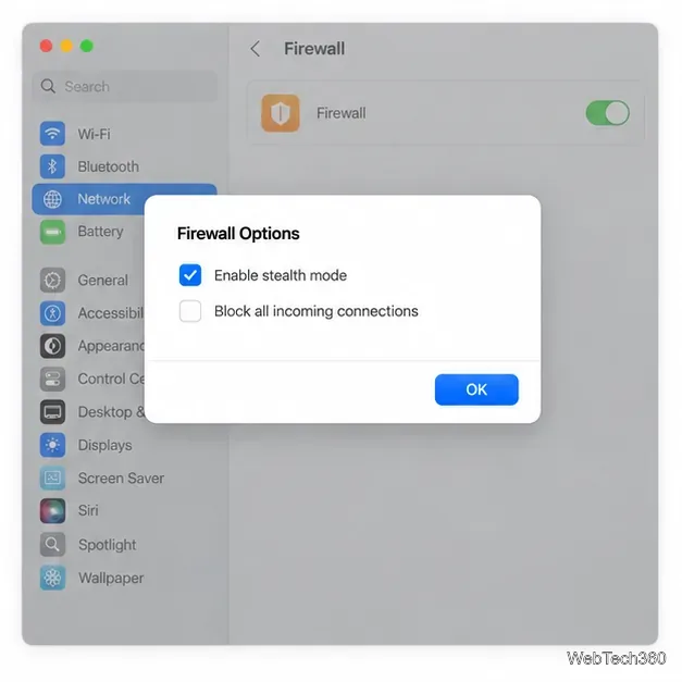 Firewall Options dialog with Enable stealth mode selected and Block all incoming connections left unchecked