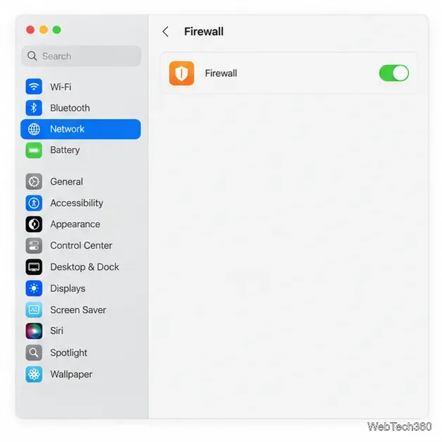 Network settings showing the macOS Firewall switched on