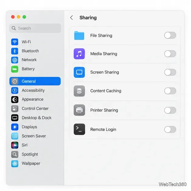 Sharing settings pane showing File Sharing, Media Sharing, Screen Sharing, Content Caching, Printer Sharing, and Remote Login switched off