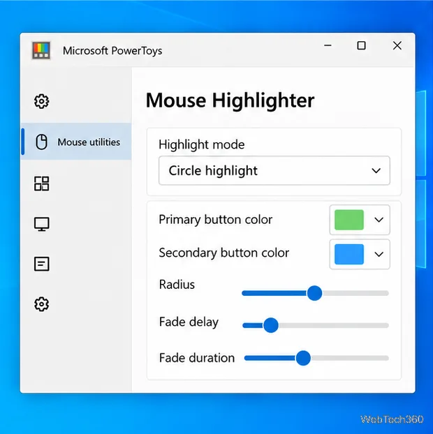 การตั้งค่า PowerToys Mouse Highlighter แสดงการไฮไลต์แบบวงกลม สีหลักและสีรอง รัศมี ระยะเวลาหน่วงการจางหาย และระยะเวลาการจางหาย