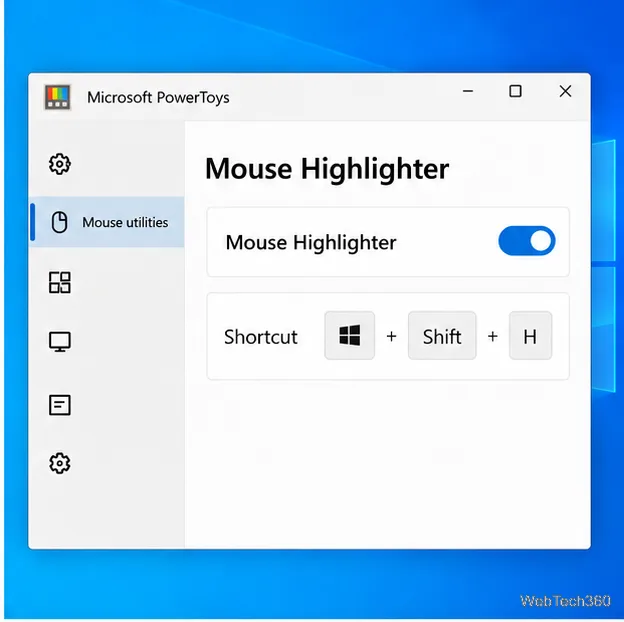 การตั้งค่า PowerToys Mouse Highlighter โดยเปิดใช้งานฟีเจอร์นี้ และใช้ปุ่มลัด Windows Shift H