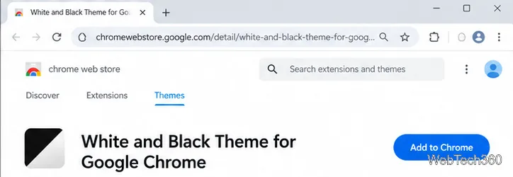 قائمة متجر Chrome الإلكتروني للثيمات البيضاء والسوداء لمتصفح Google Chrome مع زر "إضافة إلى Chrome".